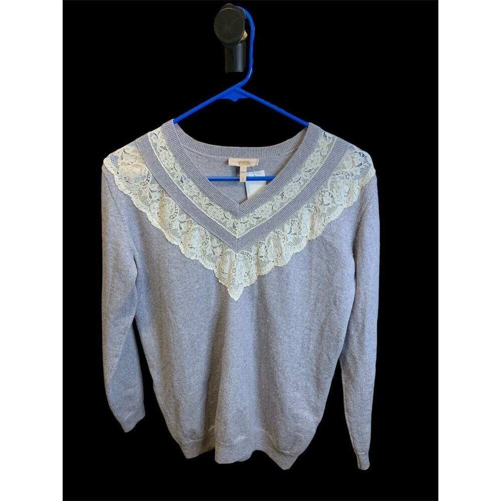 Rebecca Taylor Gray V-Neck Sweater with Cream Lace Trim